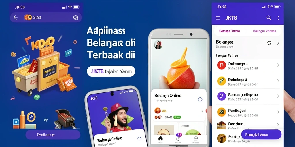 Tampilan antarmuka aplikasi JKT8 untuk belanja online yang intuitif.