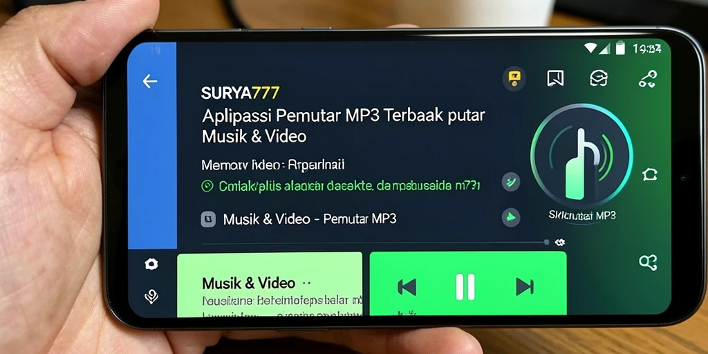 Antarmuka aplikasi Pemutar MP3 SURYA777 yang intuitif dan menarik.